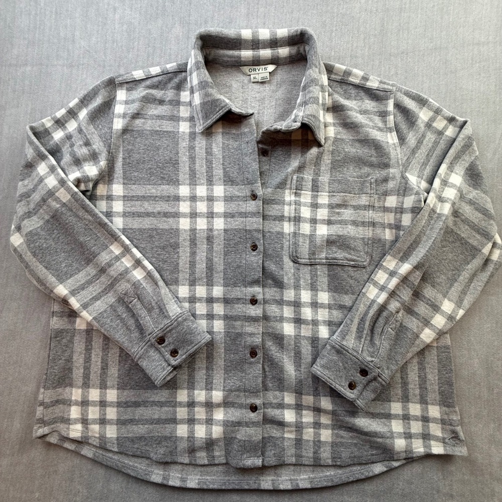 Orvis Womens XL Grey White Plaid Knit Button Down Shirt Long Sleeve Stretch Top
